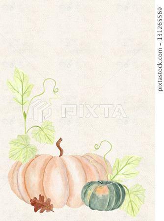 Pumpkins with green vine leaves autumn oak leaves on textured paper. Hand-painted fall harvest illustration perfect for Thanksgiving, Halloween cards, seasonal decor, kitchen print, botanical patterns 131265569