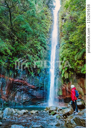 Hiker in red jacket exploring a scenic levada trail with waterfall surrounded by twisted forest trees in Madeira. The nature walk provides a peaceful and adventurous experience 131265636