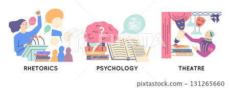 Cartoon Color Education Course Concept Rhetoric, Psychology and Theatre Subjects Set Flat Design Style. Vector illustration 131265660