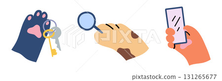 Cartoon Color Cat Paws Holding Various Object Magnifier, Keys and Smartphone Set Concept Flat Design Style. Vector illustration 131265677