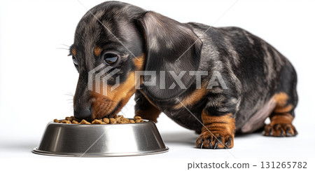 A Beautiful Dachshund Dog Eating Dry Dog Food on White Background - Generative Ai 131265782