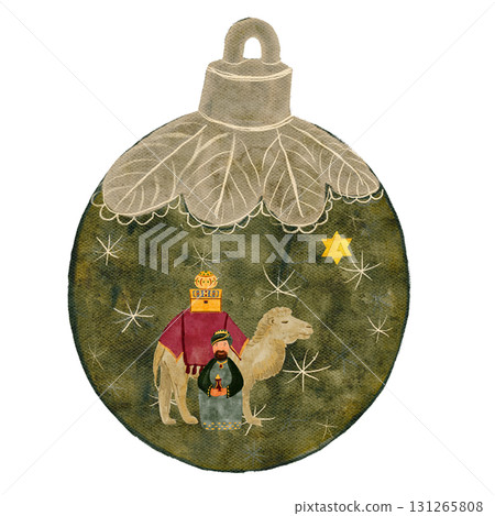 Christmas ornament with a wise man, camel, and Bethlehem star. Watercolor festive illustration isolated on white for Christian holiday decoration, greeting cards, nativity scenes, and seasonal design Christmas ornament with a wise man, camel, and Bethlehem star. Watercolor festive illustration isolated on white for Christian holiday decoration, greeting cards, nativity scenes, and seasonal design 131265808