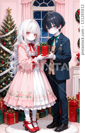 Christmas memories. An albino girl and a blue-eyed boy holding presents. AI illustration in Japanese manga style. 131265812