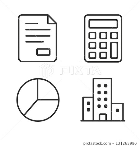 Set of four line icons: documents, calculator, pie chart, and office building, simple, material, no background 131265980