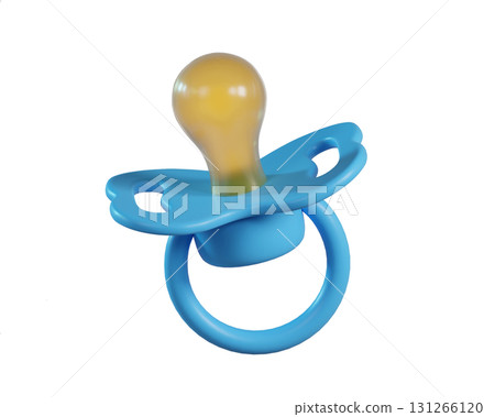 3D Blue baby pacifier icon. Silicone nipple. Newborn boy accessory  in soft pastel colors isolated on a transparent background. 3D render 131266120