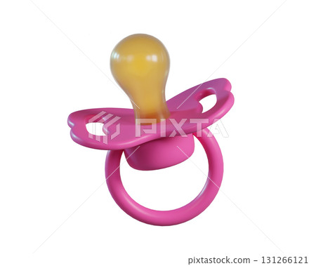 3D Pink Baby Pacifier icon. Silicone Nipple. Newborn girl accessory  in soft pastel colors isolated on a transparent background. 3D render 131266121