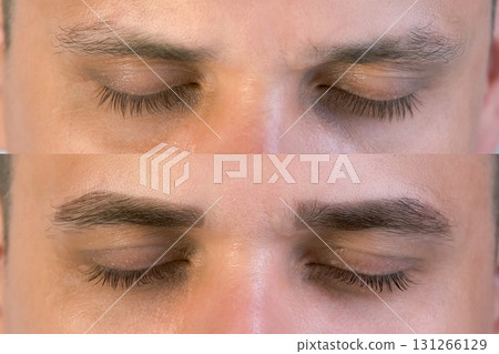 Closeup of man's lashes after lash laminating lifting procedure in beauty salon. Closeup of man's lashes after lash laminating lifting procedure in beauty salon. 131266129