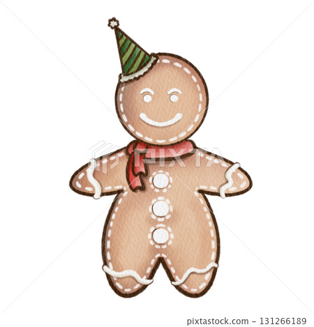 Watercolor Gingerbread Man with Party Hat and Scarf 131266189