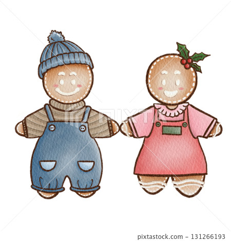 Festive Watercolor Gingerbread Pair Illustration in Seasonal Outfits for Holiday Decoration 131266193
