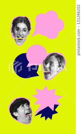 Vibrant collage. Three expressive faces in black and white with pink and dark speech bubbles on neon yellow background 131266202