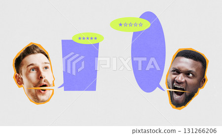 Contemporary collage. Two male faces in expressive debate with rating stars inside speech bubbles above them. 131266206