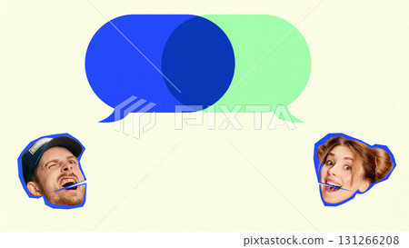 Minimalist collage. Two faces engage in lively dialogue under intersecting blue and green speech bubbles. 131266208