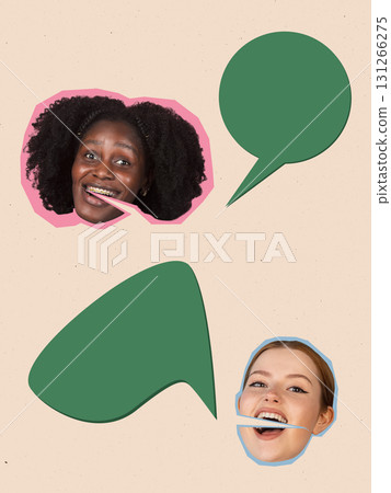 Creative collage. Two smiling women with green speech bubbles on beige background 131266275