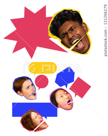 Angry faces collage with colorful speech bubbles on white background 131266279