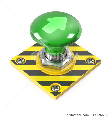 Green push button with upward arrow on a yellow and black base Green push button with upward arrow on a yellow and black base 131266318