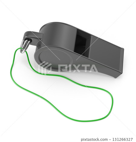 Black whistle with green lanyard on white for sports and safety Black whistle with green lanyard on white for sports and safety 131266327