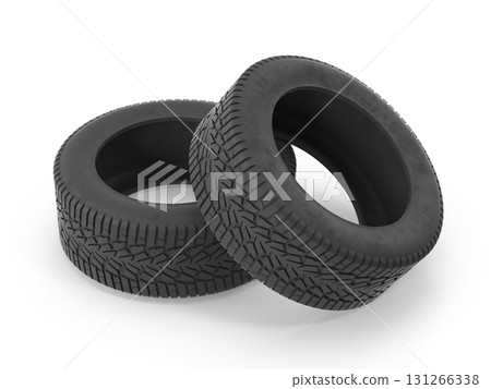 Two black tires isolated on white with detailed tread pattern 131266338