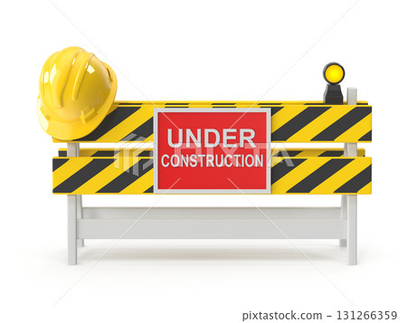 Under construction barrier with hard hat 131266359