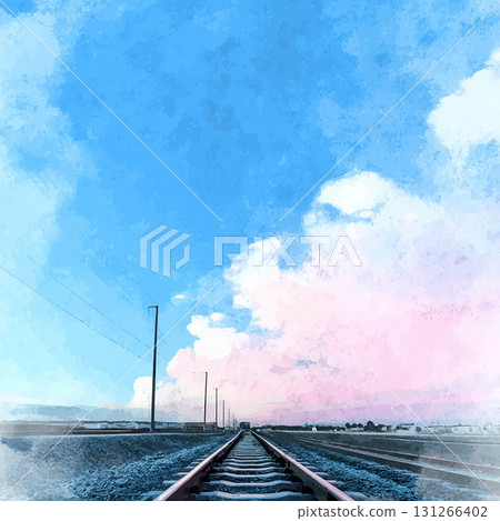 Watercolor-style railway and blue sky landscape illustration, pink clouds, travel and landscape material 131266402