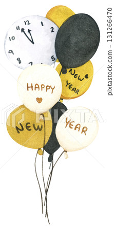New Year Balloon Watercolor Countdown Black Gold Festive Holiday Decoration Illustration 131266470