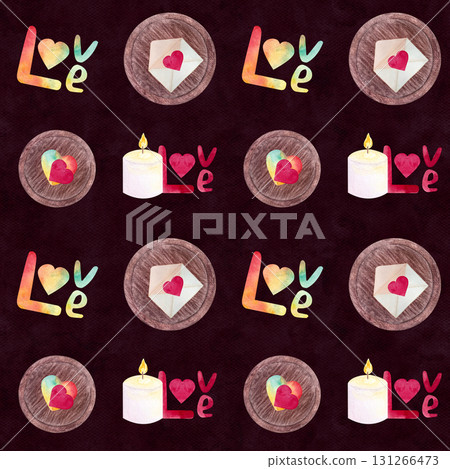 Love lettering, candle envelope with heart, colorful hearts seamless watercolor pattern on dark background. Perfect for Valentines Day wrapping paper, wedding stationery, textile design, holiday decor 131266473