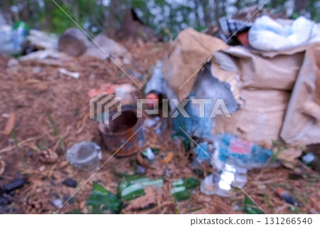 Waste and garbage in forest, blurred nature background, enviromental pollution. 131266540