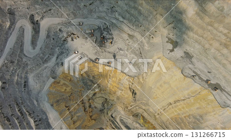 Aerial of open mine and heavy mining equipment 131266715