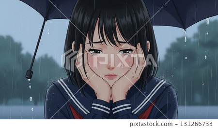 High school girl crying in the rain High school girl crying in the rain 131266733