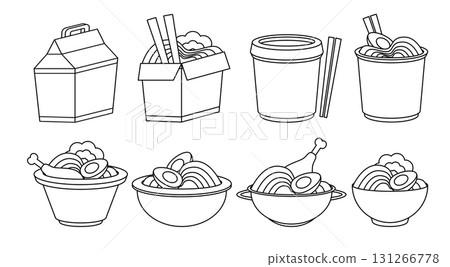 ramen and noodle dishes icon collection of black and white line art illustrations features various bowls take out boxes restaurant menus simplified icon style design ramen and noodle dishes icon collection of black and white line art illustrations features various bowls take out boxes restaurant menus simplified icon style design 131266778