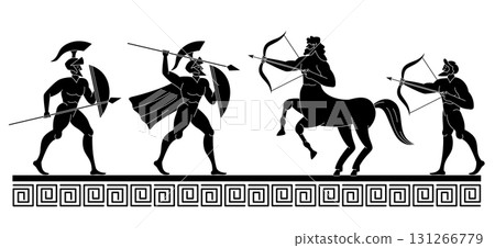 illustration of ancient Roman and Greek mythological figures black silhouettes of soldiers and centaurs ideal for mythology history classical culture illustration of ancient Roman and Greek mythological figures black silhouettes of soldiers and centaurs ideal for mythology history classical culture 131266779