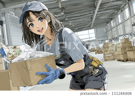 在配送中心工作的開朗女性的插圖素材 在配送中心工作的開朗女性的插圖素材 131266806