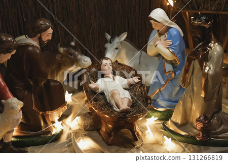 Christmas nativity scene Creche with Joseph Mary, Jesus and magi 131266819