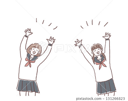 Two girls in sailor suits raising their hands in joy 131266823