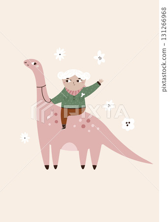 Cute Girl Riding Dinosaur Illustration with Adventure Theme 131266968