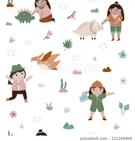 Dinosaur Adventure Seamless Pattern. Kids' Dino and Girl Print 131266969