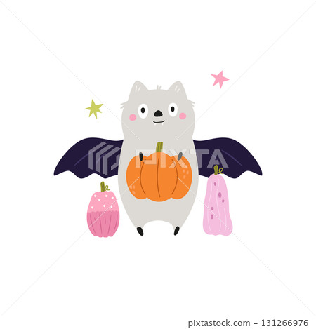 Cute Halloween Bat Character with Pumpkins and Stars Cute Halloween Bat Character with Pumpkins and Stars 131266976