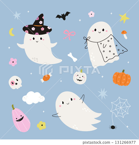 Cute Halloween Ghosts with Pumpkins and Funny Cartoon Elements on Blue Background 131266977