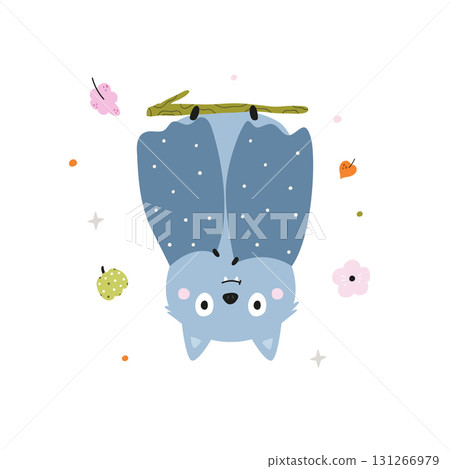 Cute Halloween Bat Hanging from Branch with Autumn Elements Cute Halloween Bat Hanging from Branch with Autumn Elements 131266979
