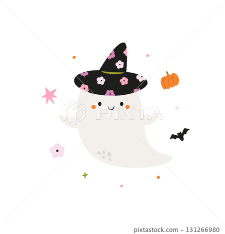 Cute Halloween Ghost Character Wearing a Witch Hat Cute Halloween Ghost Character Wearing a Witch Hat 131266980
