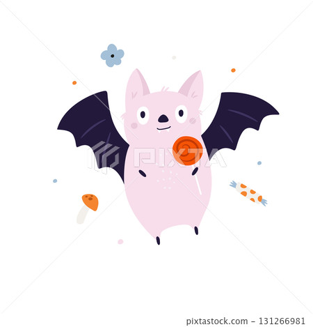 Pink Cartoon Bat with Lollipop, Cute Halloween. Animal Illustration for Kids Pink Cartoon Bat with Lollipop, Cute Halloween. Animal Illustration for Kids 131266981