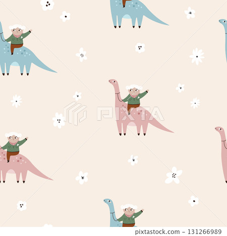 Cute Dinosaur Seamless Pattern. Dino and Flowers Background 131266989