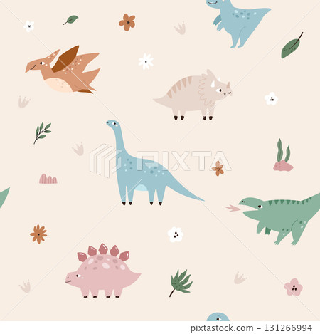 Cute Dinosaur Seamless Pattern. Dino and Flowers Background 131266994