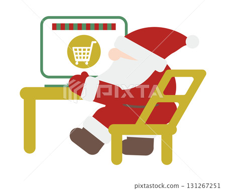 聖誕老人坐在椅子上，在電腦上線上購物的可愛形象 131267251