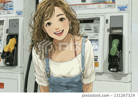 Miyu系列：在加油站工作的微笑女性的插圖 131267329