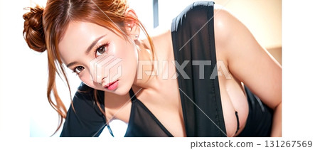 A young female model stretching by the window 131267569