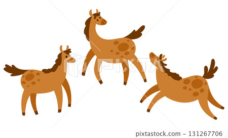 Set of happy cute dappled chestnut horses in different poses in simple flat style, isolated on white. Suitable for kids content, farm themes, and animal projects Set of happy cute dappled chestnut horses in different poses in simple flat style, isolated on white. Suitable for kids content, farm themes, and animal projects 131267706