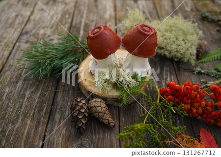 Eco-friendly autumn craft from natural and reused materials, representing a mushroom. 131267712