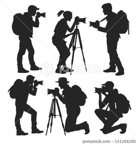 Woman Photographer Silhouette Vector Set. Travel and Nature Photography Vector Icons. 131268280