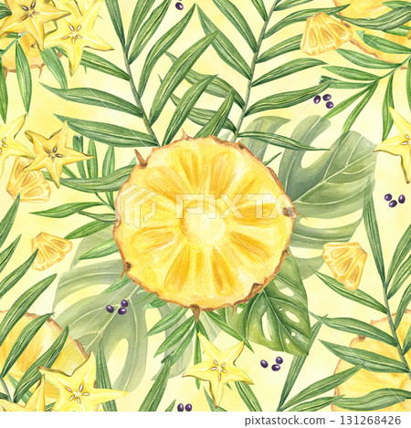 Juicy pineapple and starfruit slices on tropical leaves watercolor seamless pattern on yellow splashes. Hand painted fruit and foliage for summer packaging, tropical wall decor, textile designs Juicy pineapple and starfruit slices on tropical leaves watercolor seamless pattern on yellow splashes. Hand painted fruit and foliage for summer packaging, tropical wall decor, textile designs 131268426