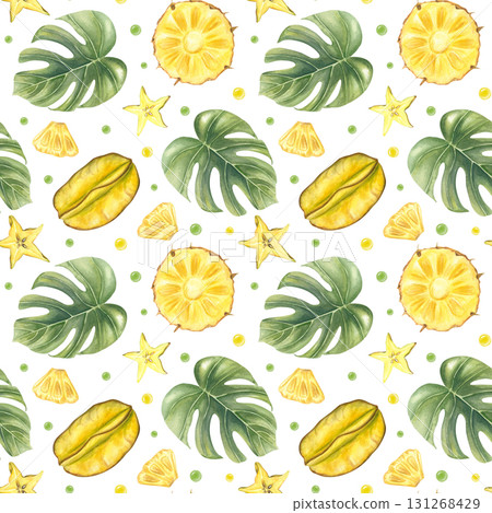 Pineapples, starfruit, monstera leaves, and juicy drops hand painted watercolor seamless pattern on isolated background. Tropical fruits and foliage for textile design, packaging Pineapples, starfruit, monstera leaves, and juicy drops hand painted watercolor seamless pattern on isolated background. Tropical fruits and foliage for textile design, packaging 131268429